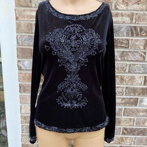 Art Deco Black Velvet Beaded Long Sleeve Pavè Eva Blue Shirt